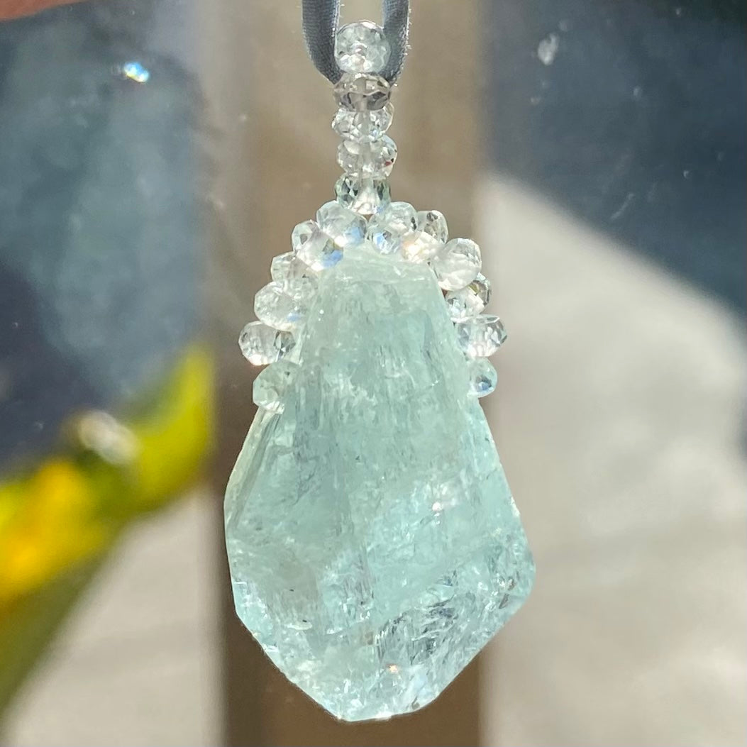 Aquamarine Crystal Pendant on Silk Cord