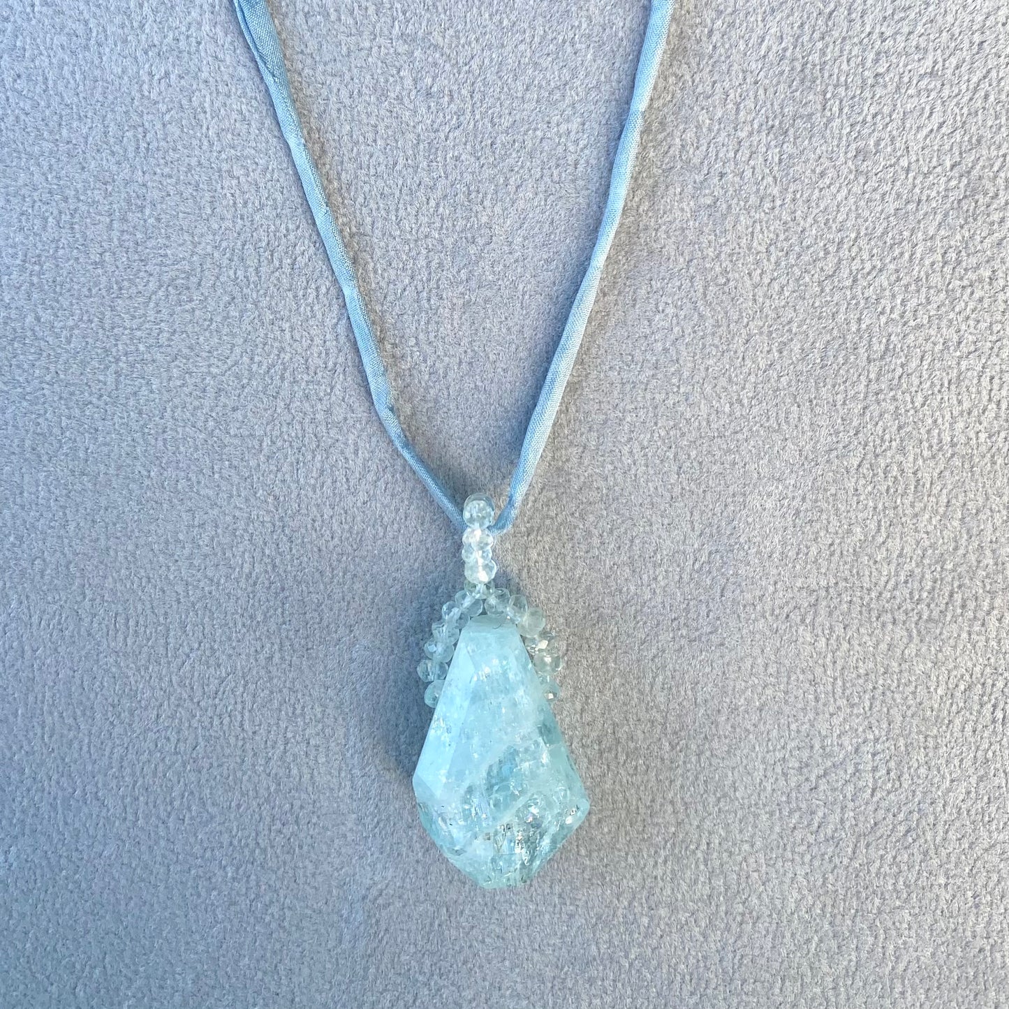 Aquamarine Crystal Pendant on Silk Cord