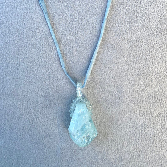 Aquamarine Crystal Pendant on Silk Cord