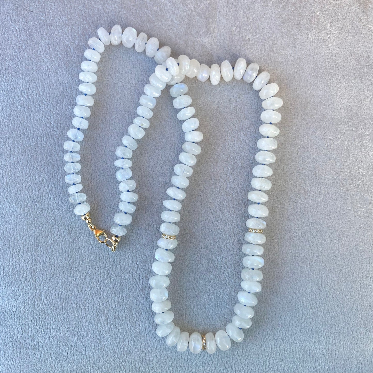 Smooth Moonstone Full Strand Necklace with Diamond Gold Beads