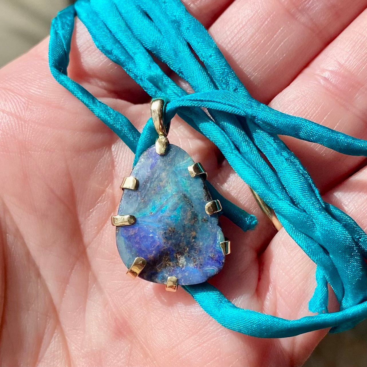 Boulder Opal Blue & Turquoise Pendant on Silk Cord