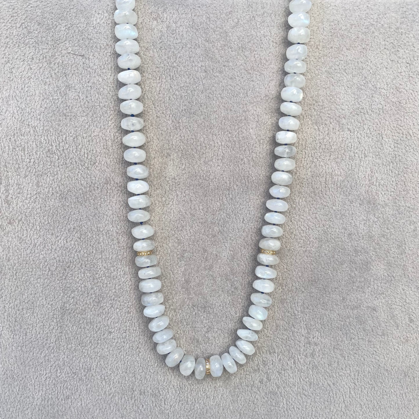 Smooth Moonstone Full Strand Necklace with Diamond Gold Beads