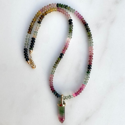 Tourmaline Crystal Pendant on Tourmaline Beaded Necklace