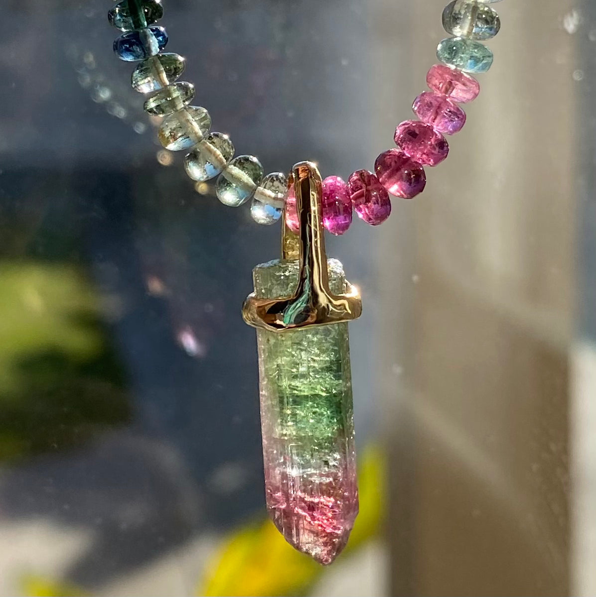 Tourmaline Crystal Pendant on Tourmaline Beaded Necklace